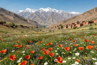 Vallée marocaine en fleurs au printemps avec les montagnes de l'Atlas enneigées en arrière-plan