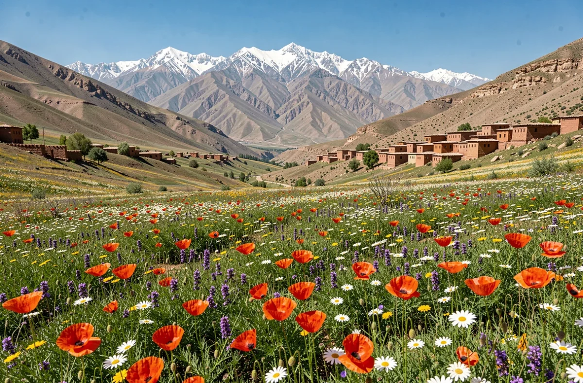 Vallée marocaine en fleurs au printemps avec les montagnes de l'Atlas enneigées en arrière-plan