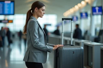 Femme vérifiant les dimensions de sa valise cabine dans un gabarit de mesure à l'aéroport