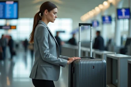 Femme vérifiant les dimensions de sa valise cabine dans un gabarit de mesure à l'aéroport