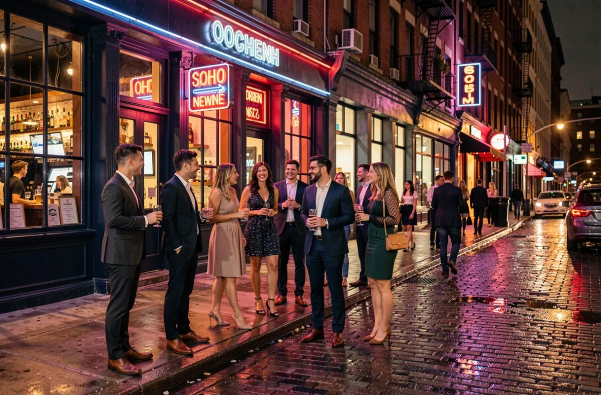 Scène de vie nocturne animée à SoHo New York avec jeunes adultes rassemblés devant un bar tendance dont l'enseigne néon se reflète sur les pavés mouillés