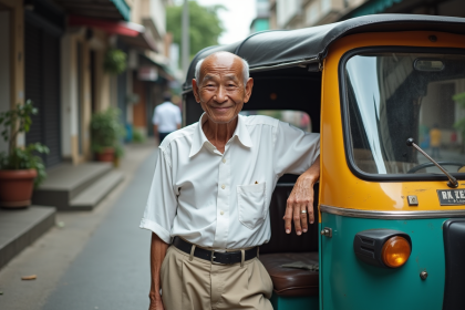 Homme âgé avec tuk tuk traditionnel à Bangkok