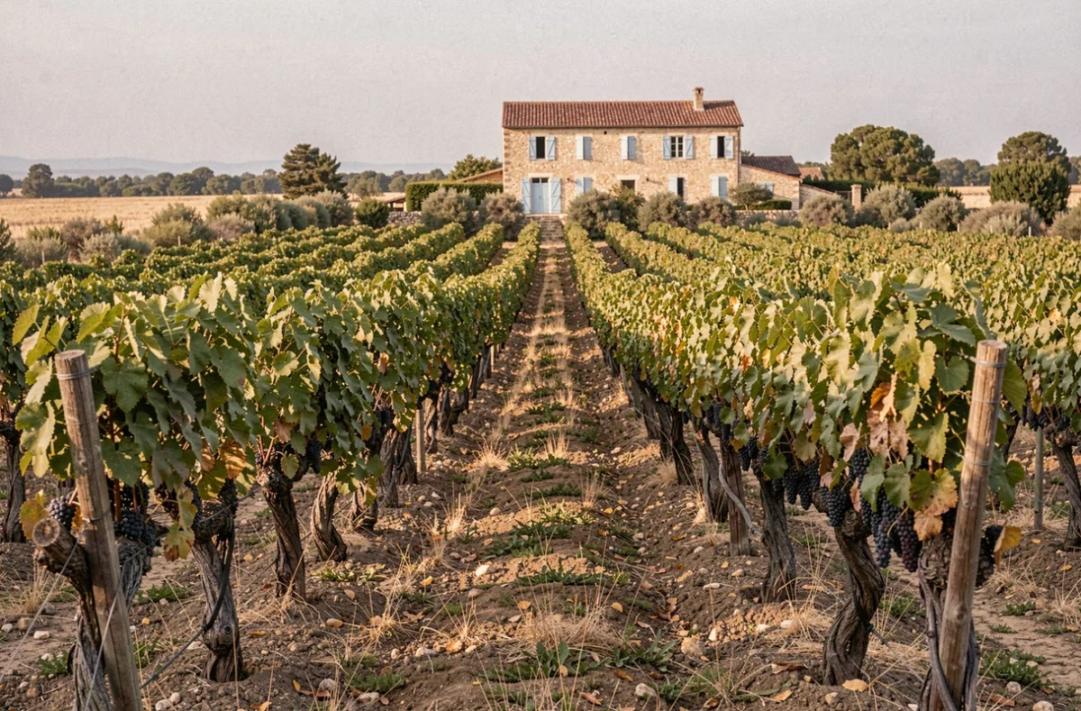 Vignoble provençal en rangées près d'Aix-en-Provence avec grappes de raisin et mas en pierre en arrière-plan