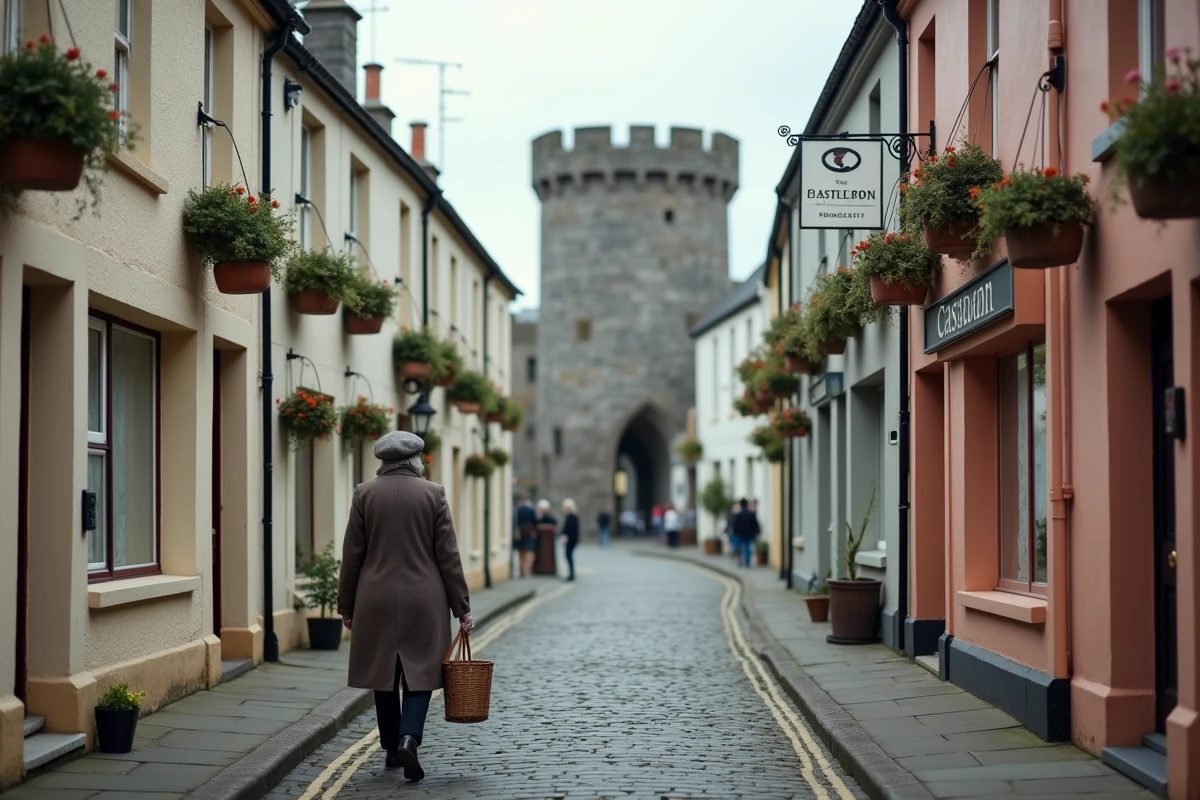 Rue pavée du village historique de Castletown avec le château Rushen en arrière-plan sur l'île de Man