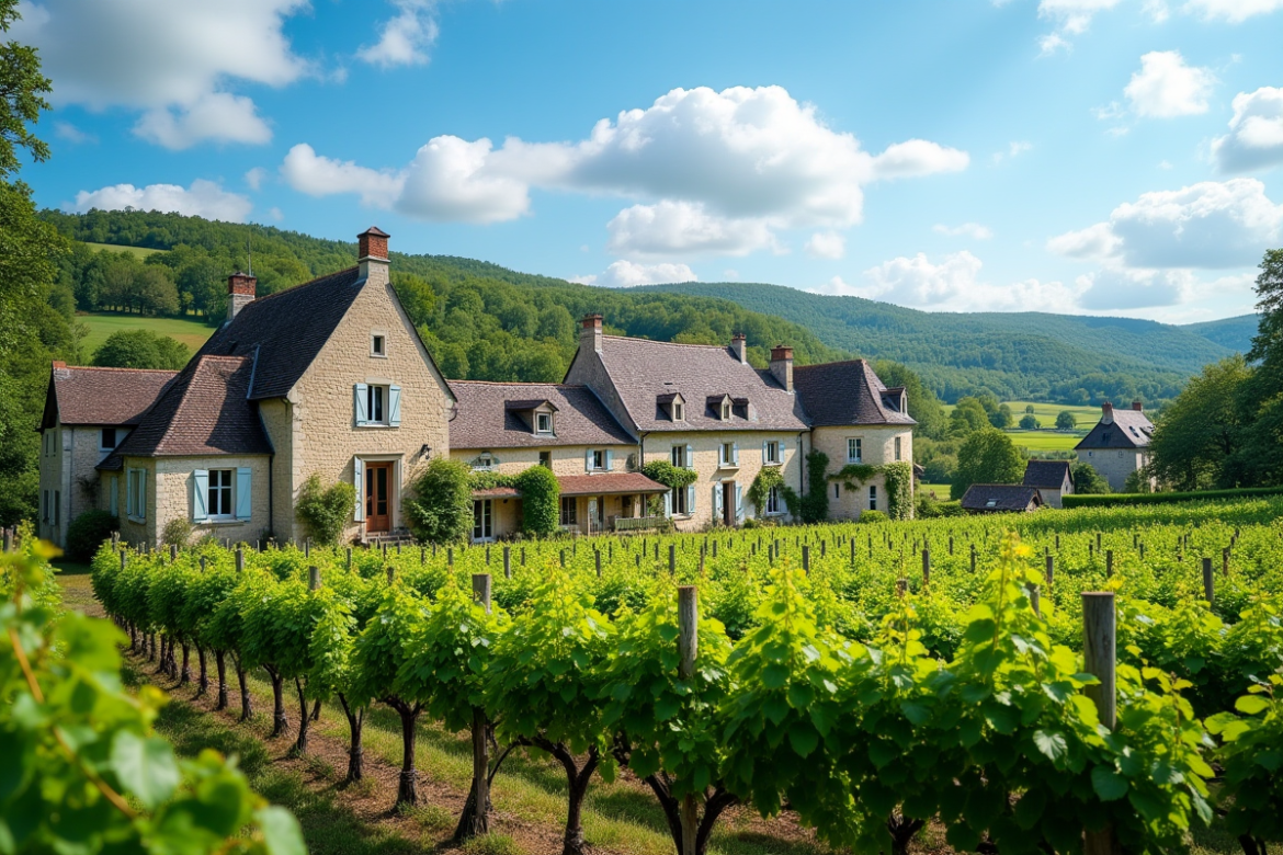 Village charentais avec maisons en pierre et vignobles verts