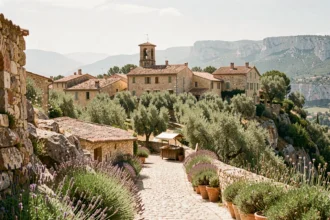 Village provençal perché sur une colline près d'Aix-en-Provence avec maisons en pierre et toits en tuiles sous le soleil