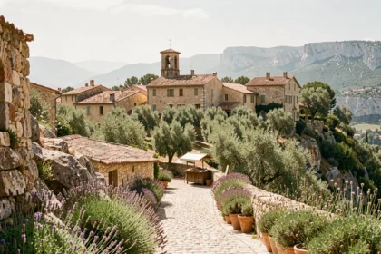 Village provençal perché sur une colline près d'Aix-en-Provence avec maisons en pierre et toits en tuiles sous le soleil