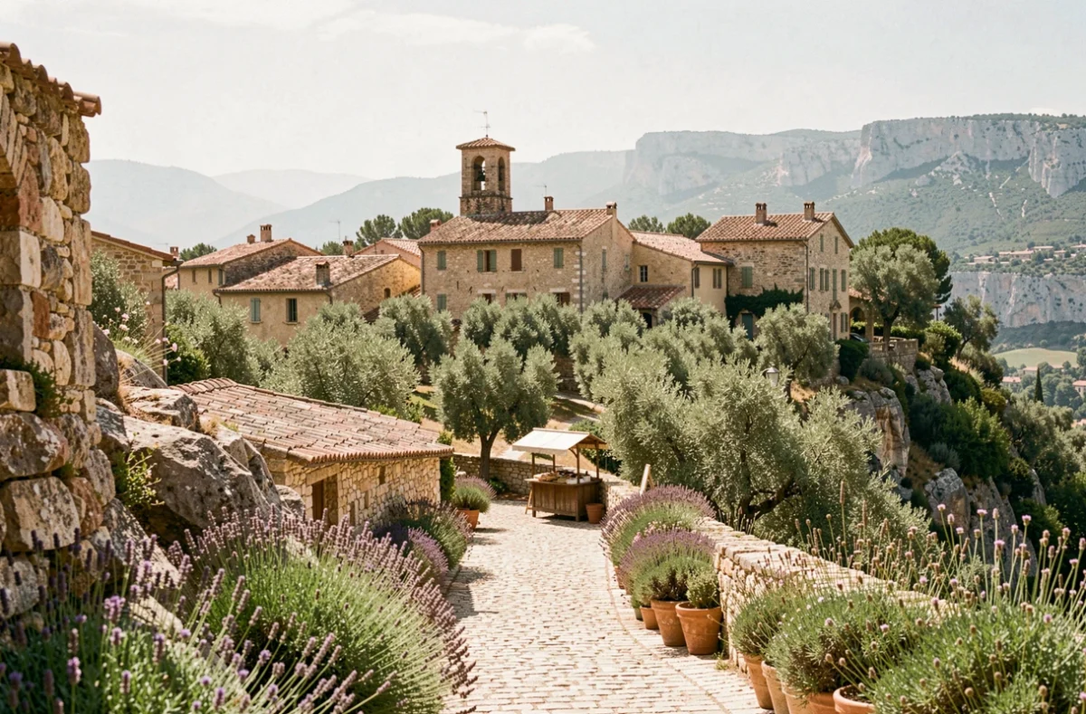Village provençal perché sur une colline près d'Aix-en-Provence avec maisons en pierre et toits en tuiles sous le soleil