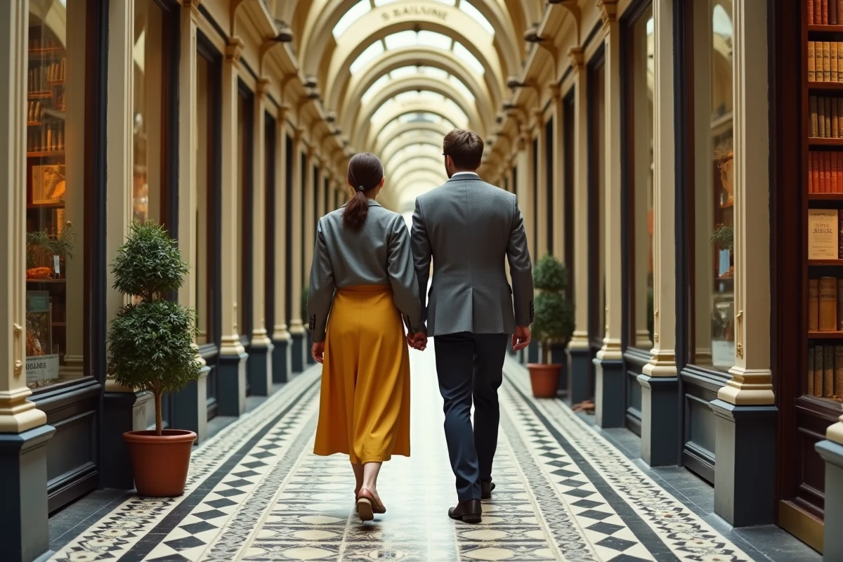 Couple se promenant dans la Galerie Vivienne, passage couvert historique de Paris