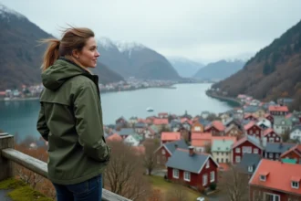 Femme admirant le panorama de Bergen depuis le mont Fløyen avec vue sur les maisons colorées et les fjords de Norvège