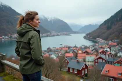 Femme admirant le panorama de Bergen depuis le mont Fløyen avec vue sur les maisons colorées et les fjords de Norvège