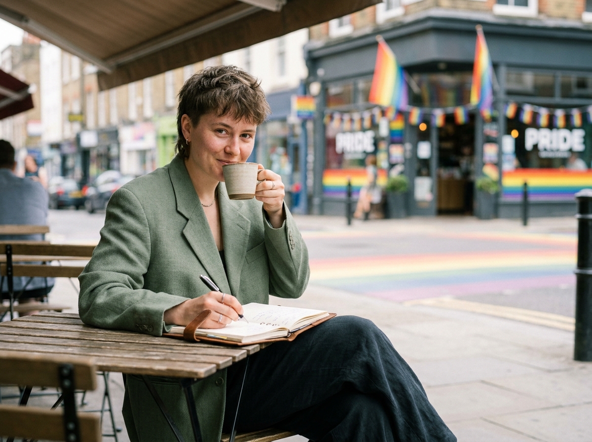 Personne non-binaire dans un café LGBTQ+ friendly lors d'un city trip européen