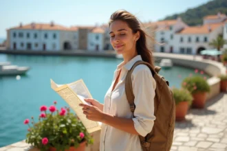 Jeune femme avec sac à dos explorant un port méditerranéen ensoleillé, destination pas chère en août