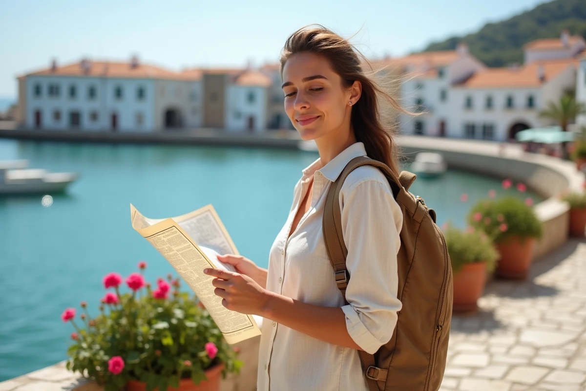 Jeune femme avec sac à dos explorant un port méditerranéen ensoleillé, destination pas chère en août