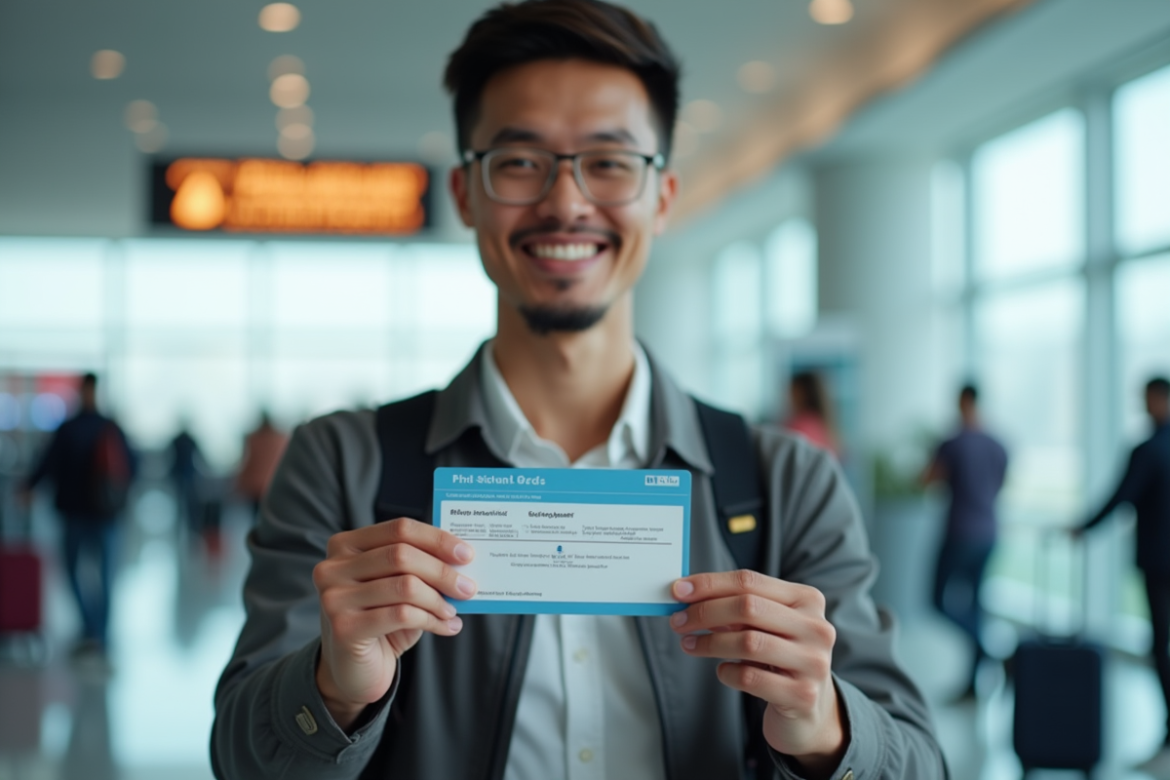 Voyageur confiant tenant sa carte d'assurance voyage à l'aéroport