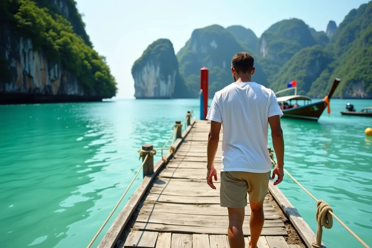 Voyageur débarquant d'un bateau longtail sur l'île de Koh Lanta en Thaïlande