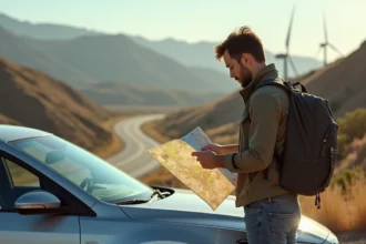 Homme en voyage regardant une carte sur la route en Californie