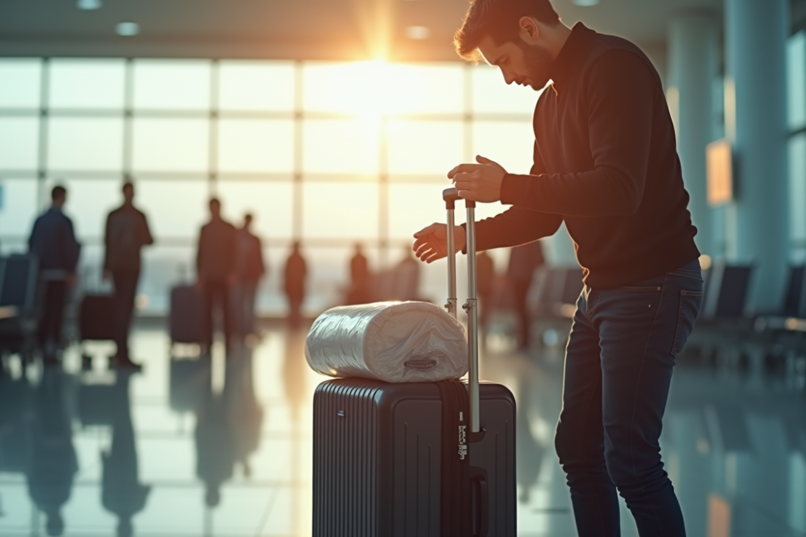 Voyageur emballant une valise à l'aéroport avec film de sécurité