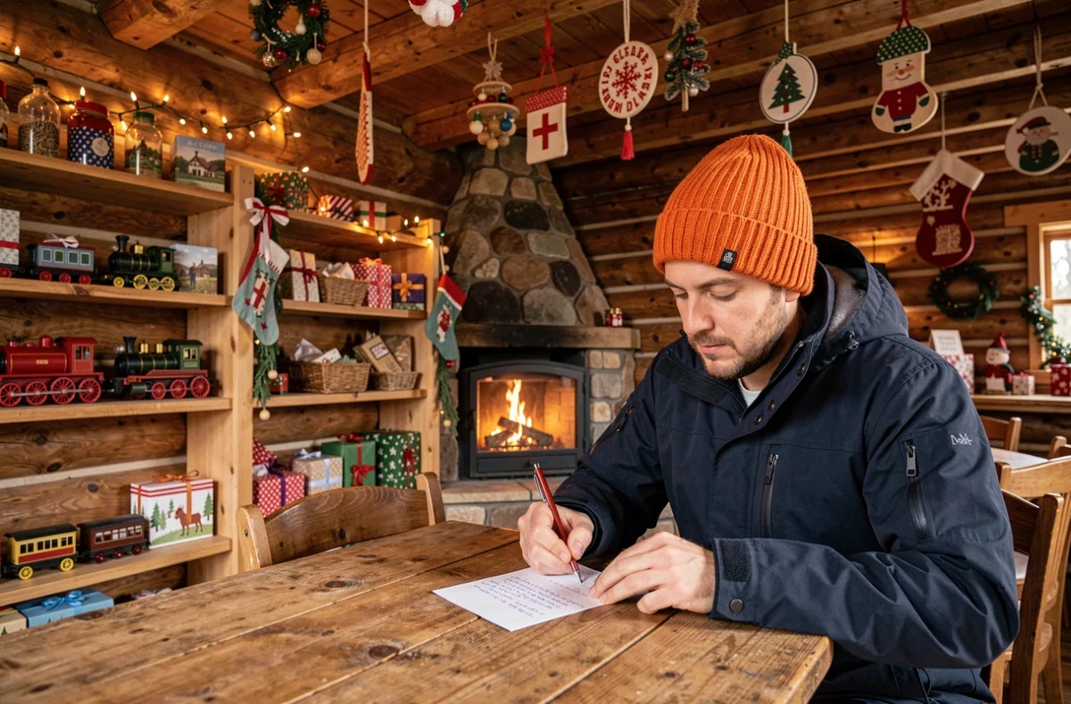 Voyageur solo écrivant une carte postale à l'intérieur du village du père Noël en Finlande