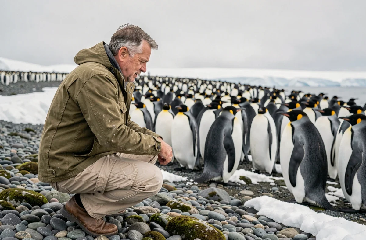 Voyageur photographiant une colonie de manchots empereurs sur une plage rocheuse en Antarctique