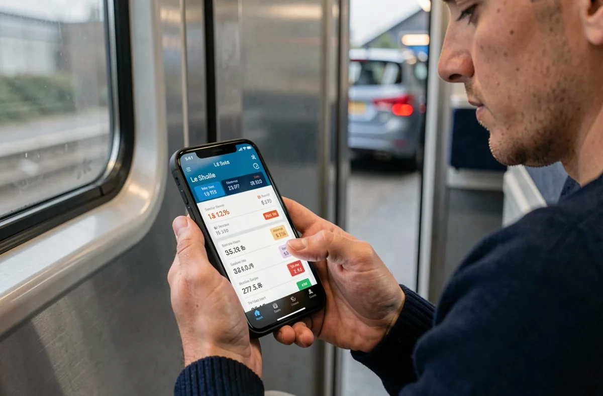 Voyageur consultant les prix du tunnel sous la Manche sur son smartphone à bord du train Le Shuttle
