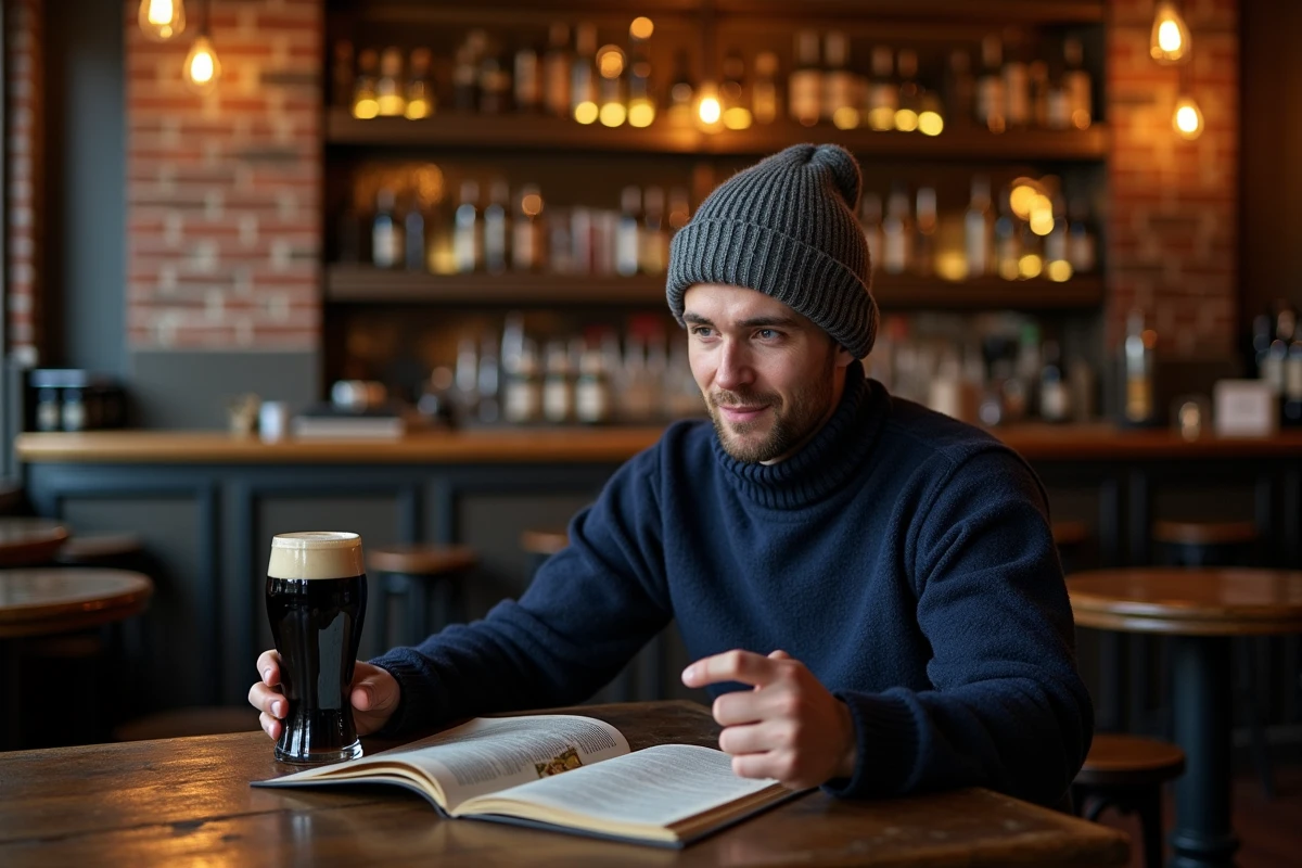 Voyageur consultant un guide touristique dans un pub traditionnel de Dublin avec une pinte de stout