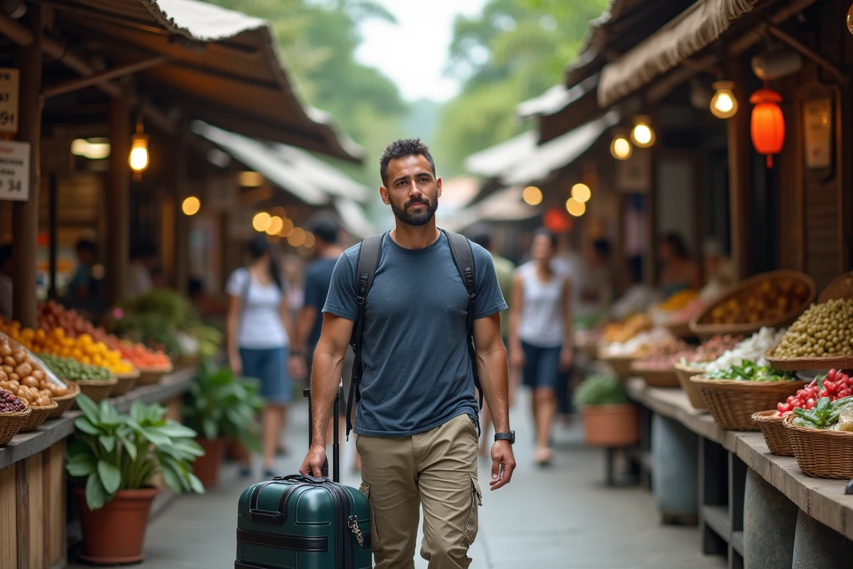 Voyageur solo avec valise dans un marché de rue animé en Asie du Sud-Est, voyage économique en août