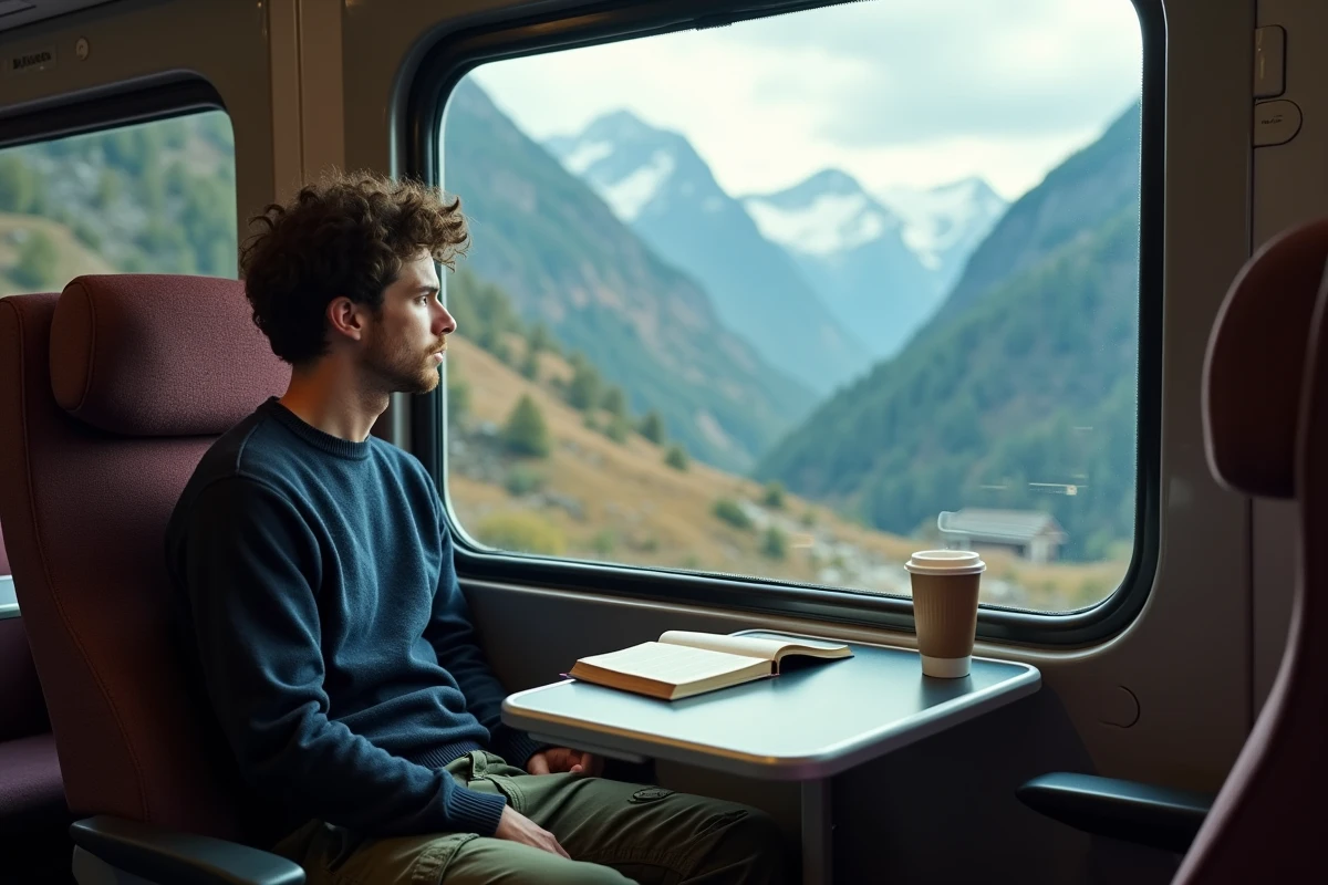 Voyageur solo assis dans un train panoramique traversant un paysage alpin européen