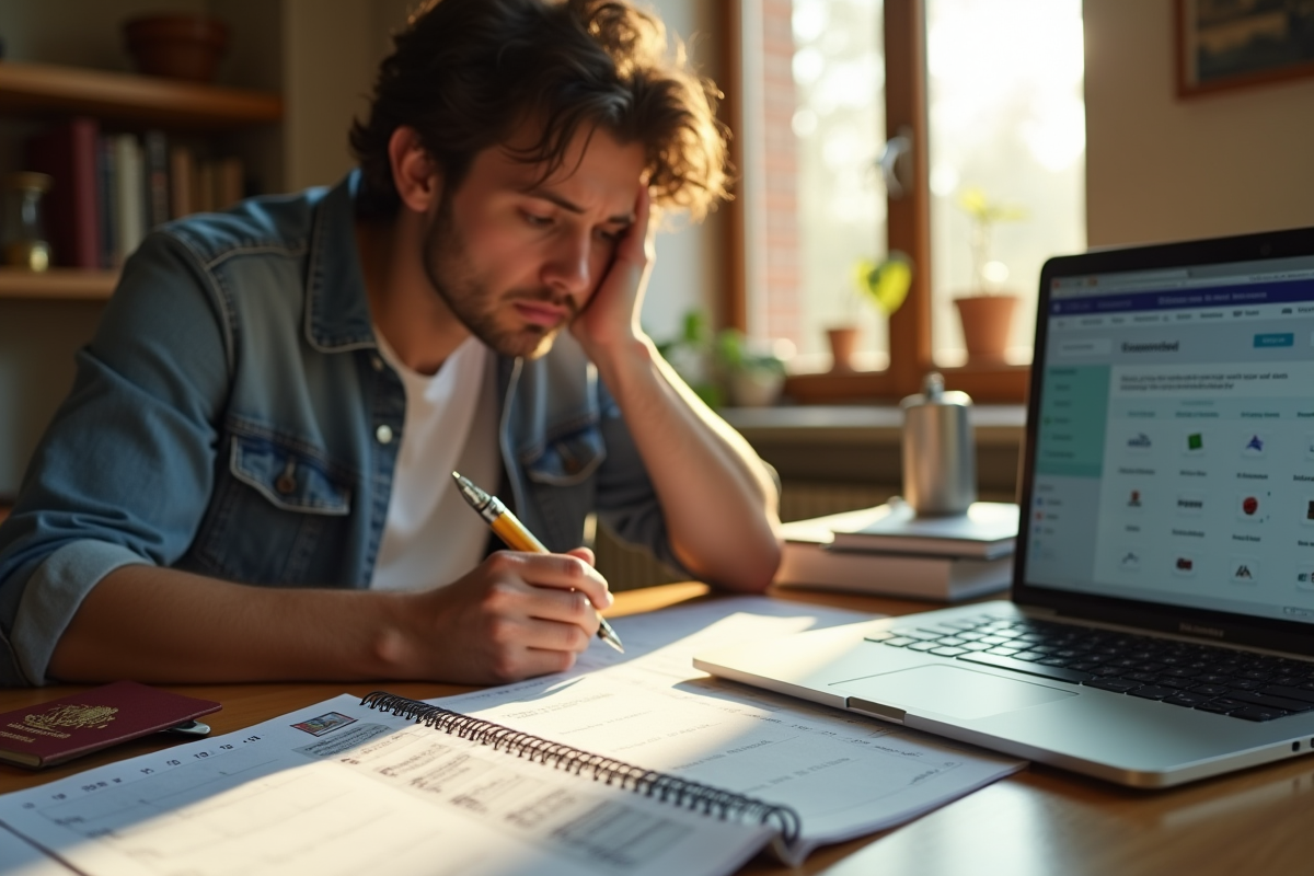 Voyageur inquiet avec passeport et calendrier sur un bureau ensoleille