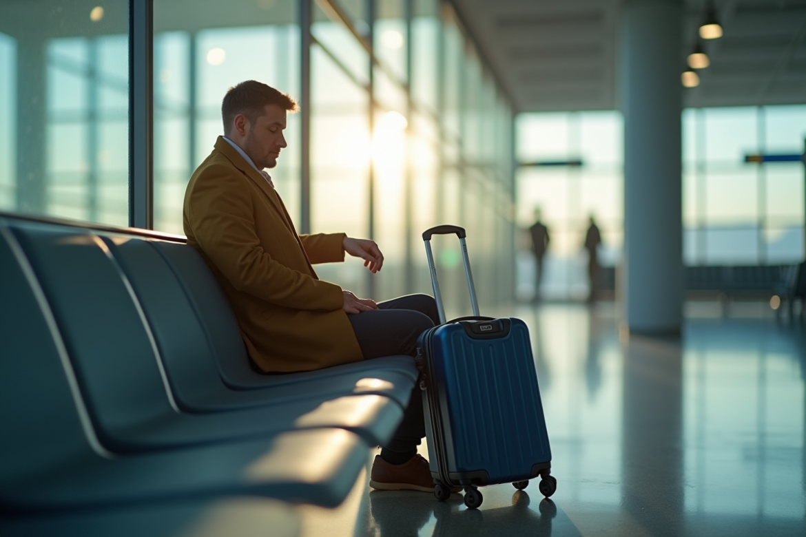 Voyageur frustré face à une valise à code dans un aéroport