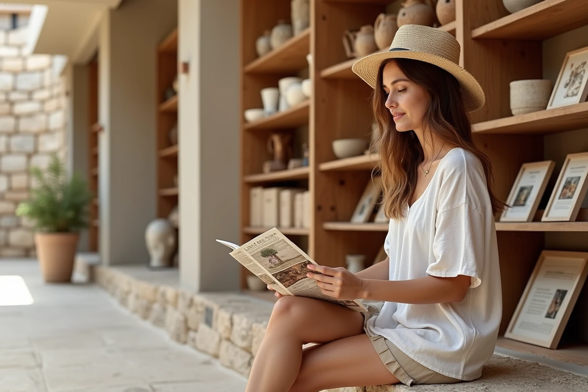 Voyageuse consultant un guide touristique dans la boutique du musée d'Akrotiri à Santorin avec souvenirs en arrière-plan