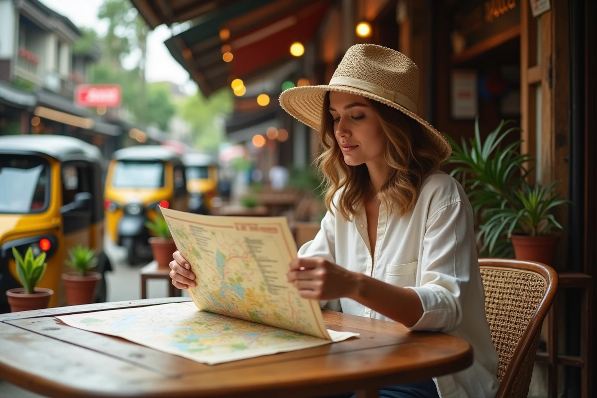 Voyageuse consultant une carte dans un café de rue traditionnel à Chiang Mai, Thaïlande