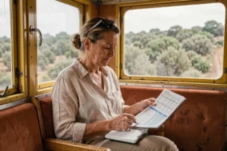 Voyageuse consultant les horaires de la micheline corse à l'intérieur d'un wagon vintage en Corse