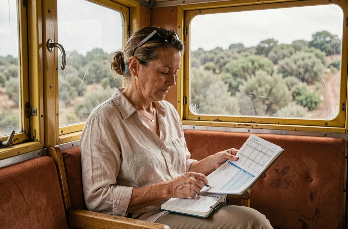 Voyageuse consultant les horaires de la micheline corse à l'intérieur d'un wagon vintage en Corse