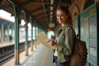Voyageuse solo en gare européenne consultant une carte de train Eurail avec son sac à dos